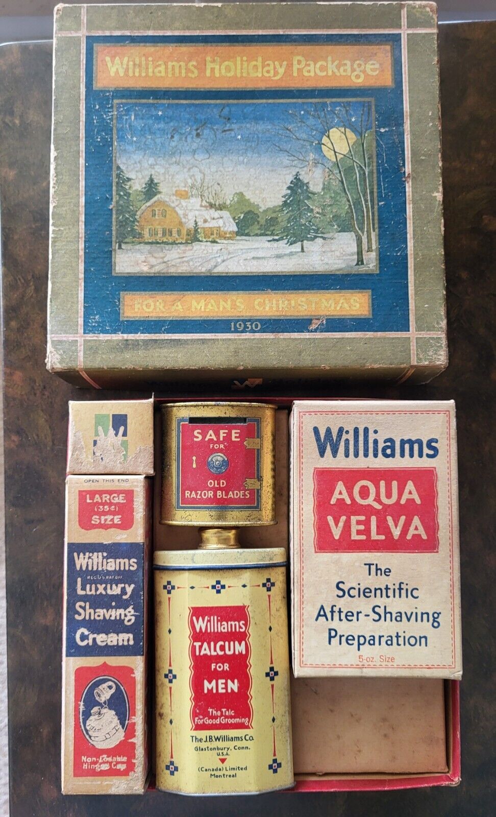 Vintage 1930 Williams Shaving Gift Box Set Talc Tin Aqua Velva Blade Christmas