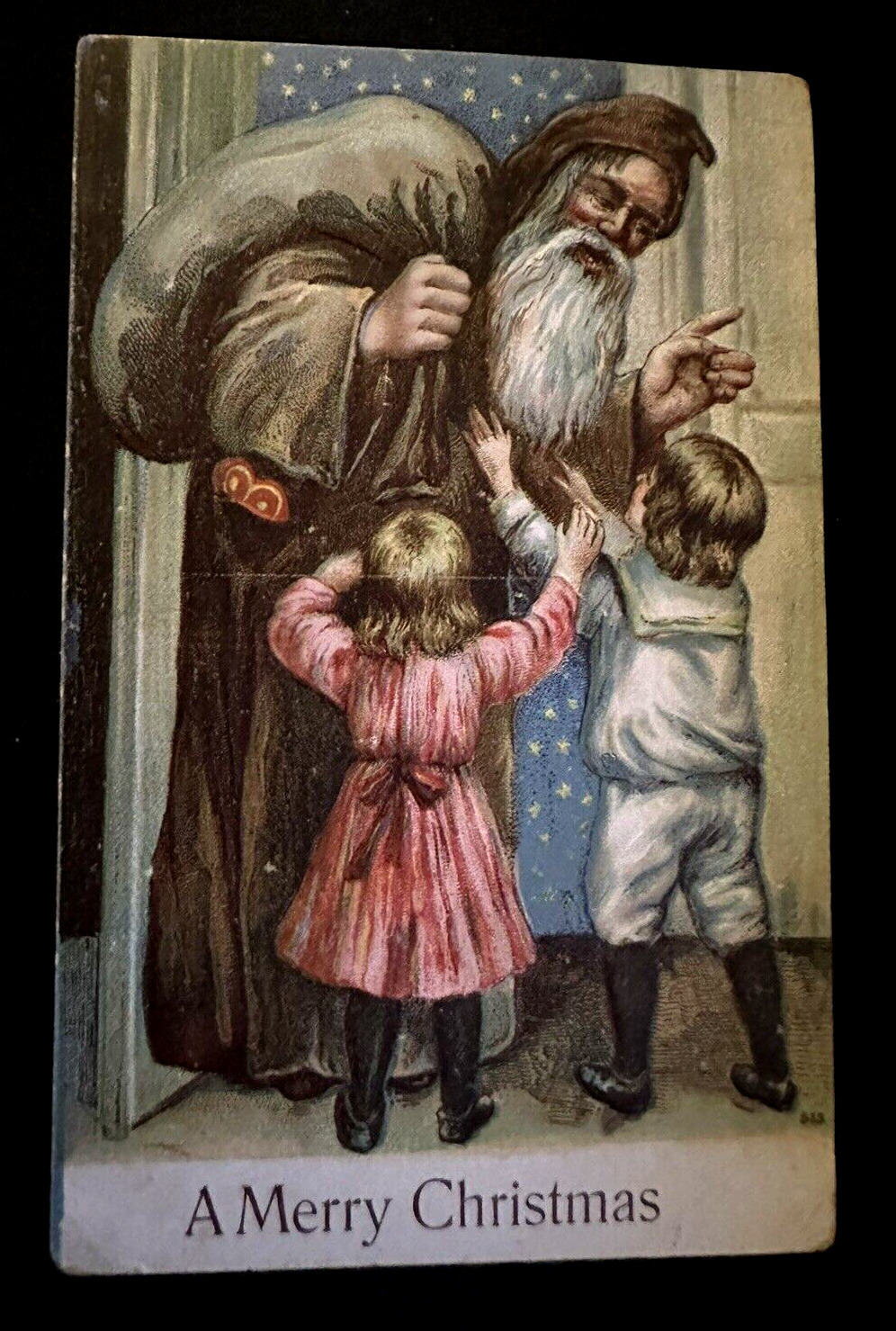 Long Brown Robe Santa Claus with Children~Sack~Antique~Christmas Postcard-k575