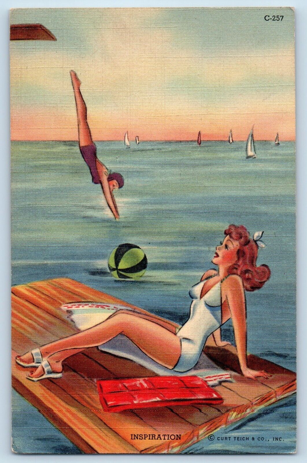 Inspiration Postcard Beach Bathing Beauty Sunbathing Milwaukee WI 1942 Vintage