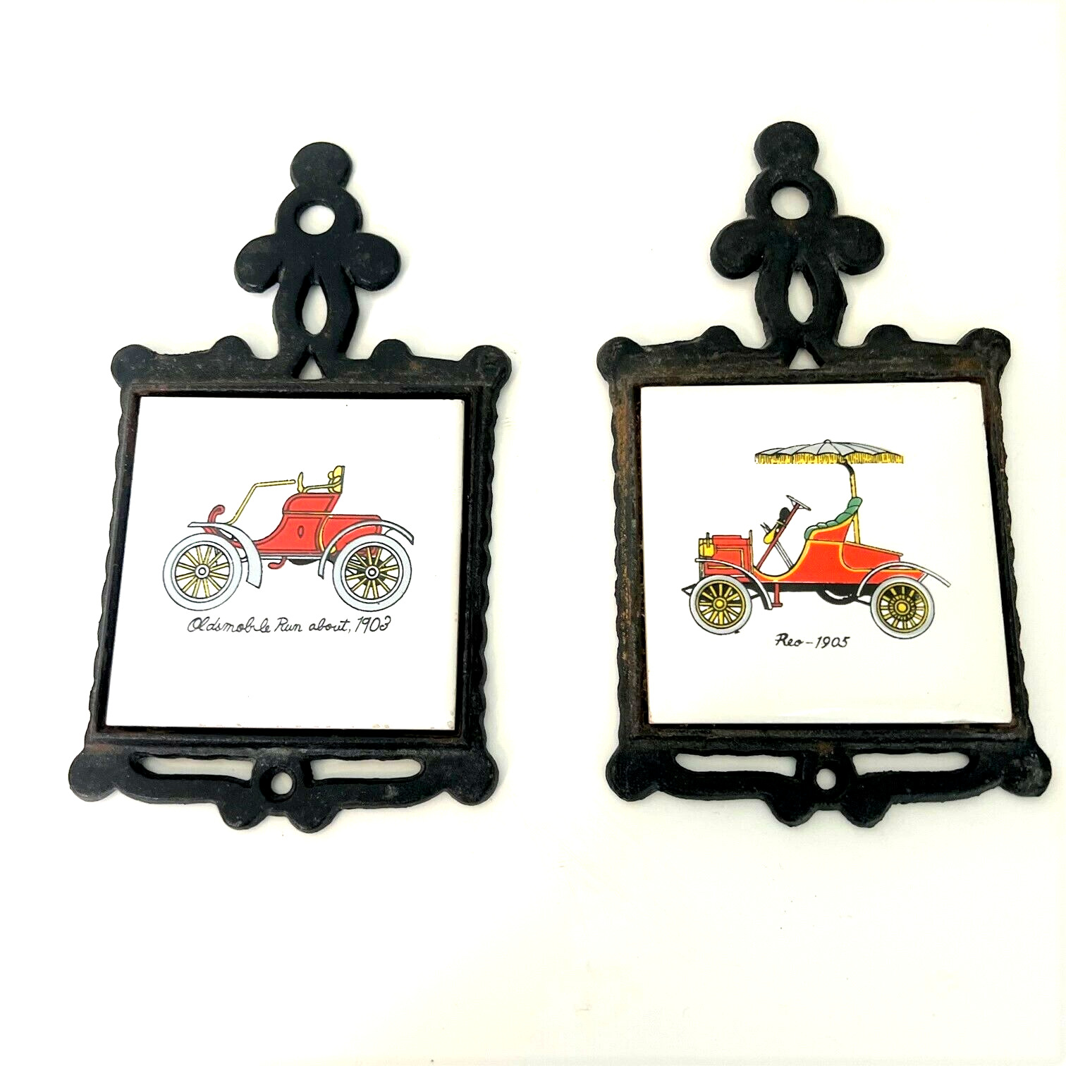 Vintage Auto Themed Wall Tiles in Cast Iron Frames 1905 Reo 1903 Olds Run About