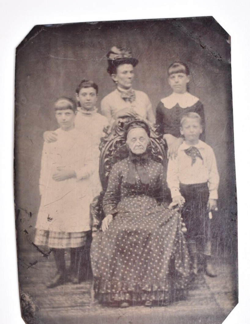 Vintage 19th Century Tintype Family Portrait Mom Brother Sister & Grandmother