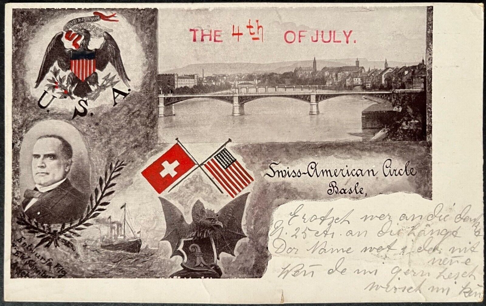 1901 Swiss-American flags PC 4th of July, Swiss-America Circle Basel