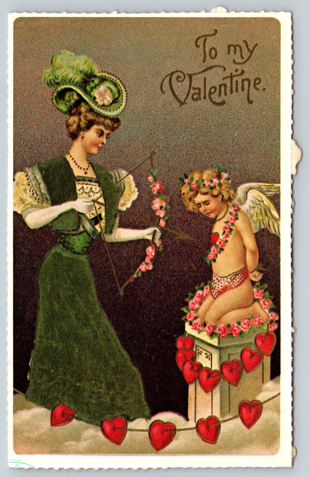 c1960s Valentine Cupid Bow and Arrow Hearts Decor Repro Vintage Postcard