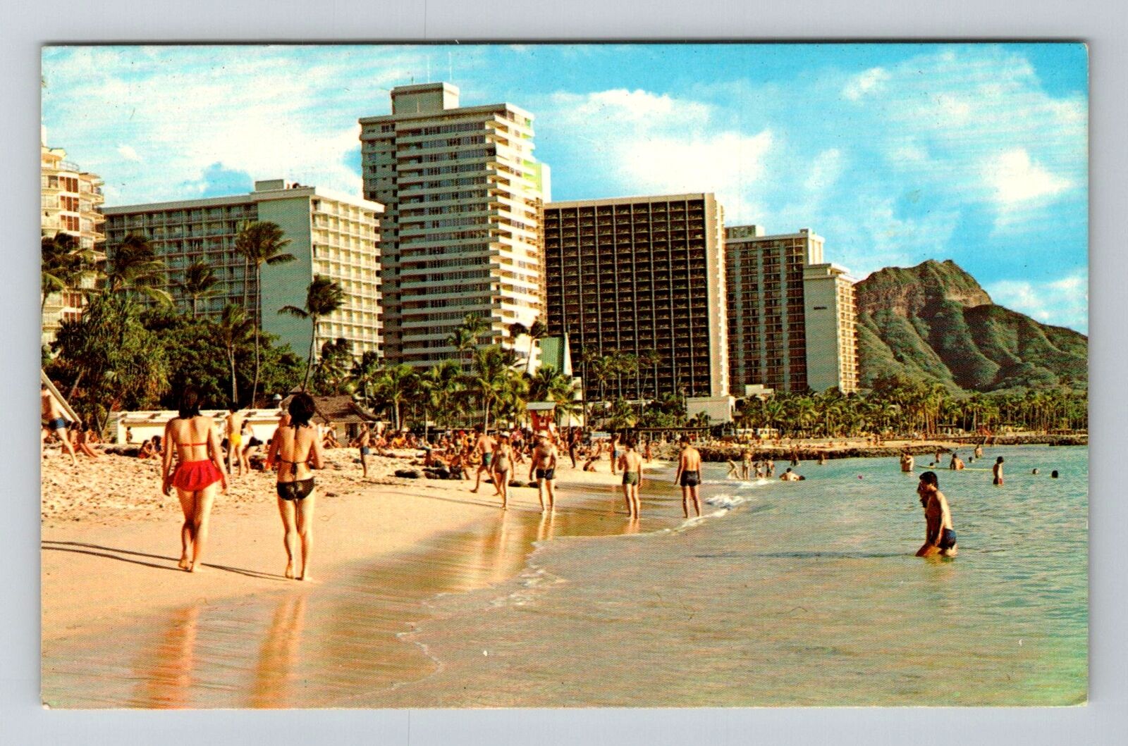 Waikiki Beach, HI-Hawaii, Diamond Head, Beach Antique, Vintage Souvenir Postcard