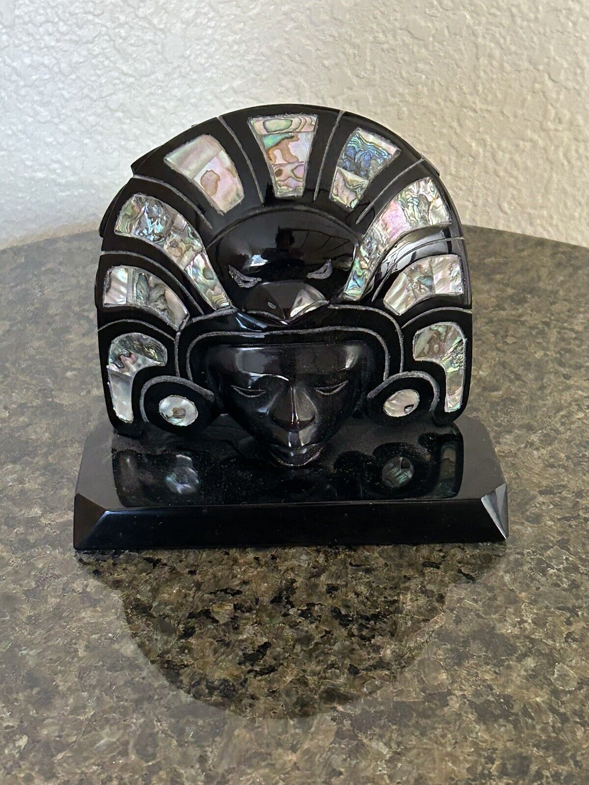 Mexican Mayan Obsidian Bookends Sculpture Abalone  Aztec Teotihuacan Sun God