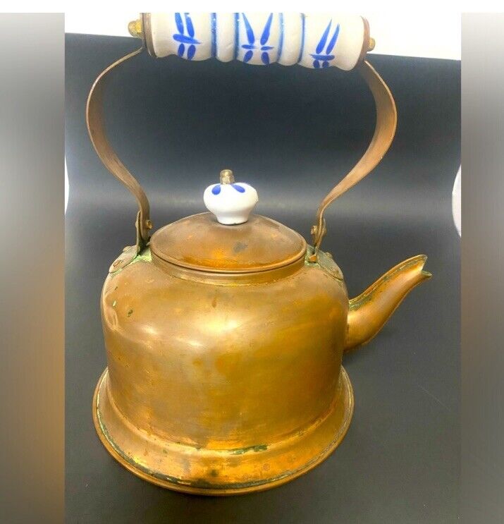 Vintage Cooper Tea Kettle with Hand Painted Blue & White Ceramic Handles