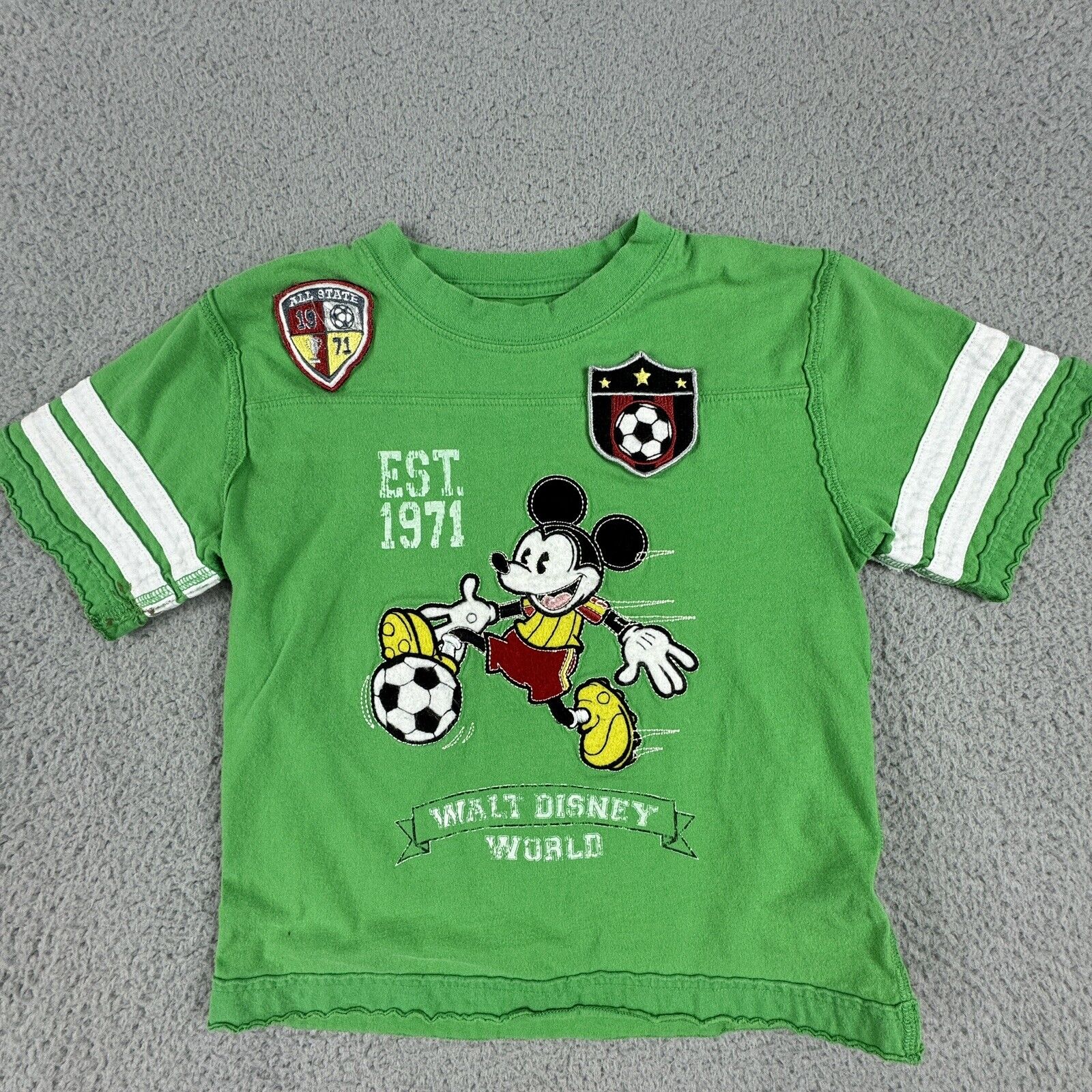 VTG Disney Parks Shirt Boys XS Green Mickey Mouse Soccer Athletic Embroidered