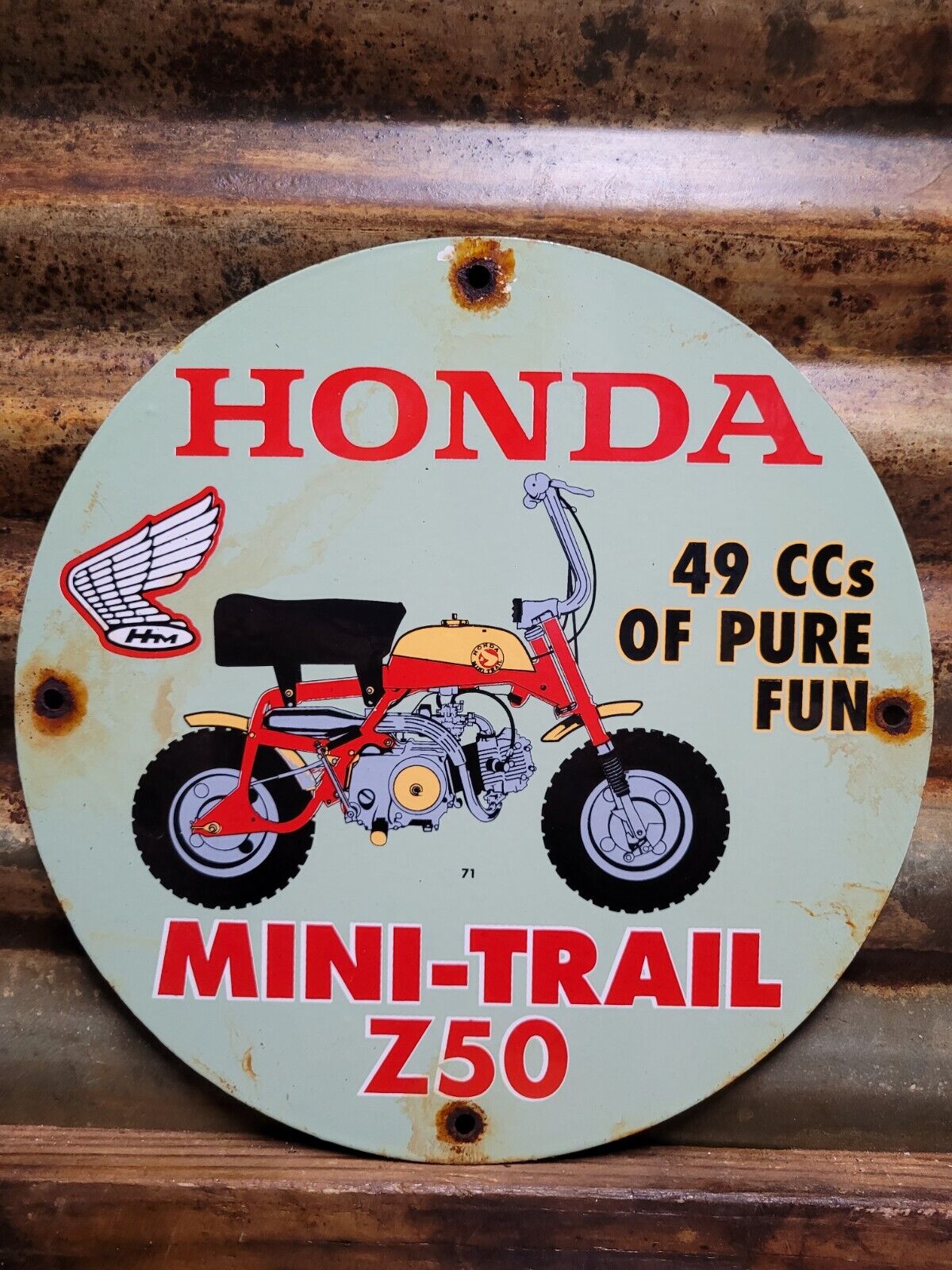 VINTAGE 1971 HONDA PORCELAIN SIGN MOTORCYCLE DIRT BIKE MINI TRAIL Z50 SCOOTER