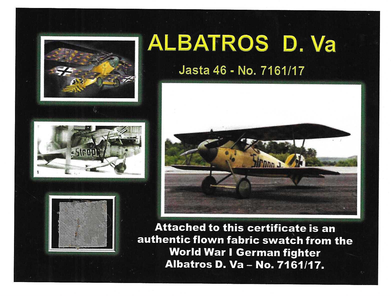 Albatros D. Va - Genuine Piece of the Original Fabric on a Beautiful Certificate