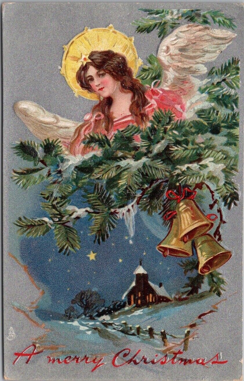 1908 Tuck's CHRISTMAS Postcard Pretty Girl Angel / Winter Church Scene / Bells
