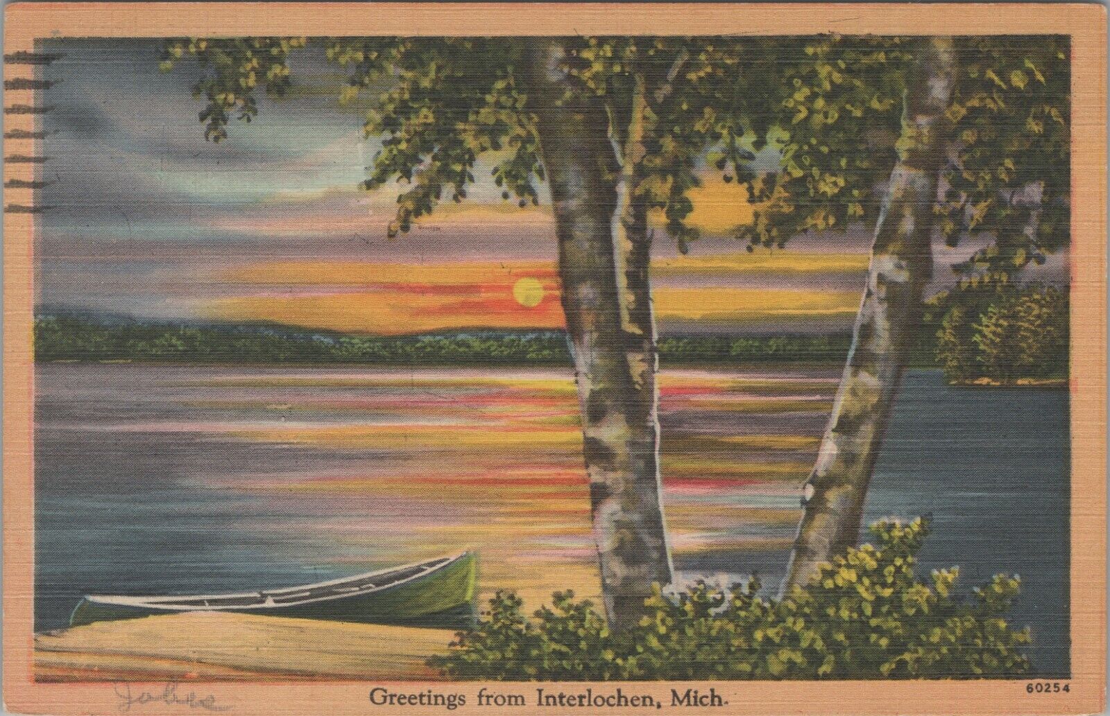 c1940s Greetings from Interlochen Michigan canoe sunset linen postcard D9