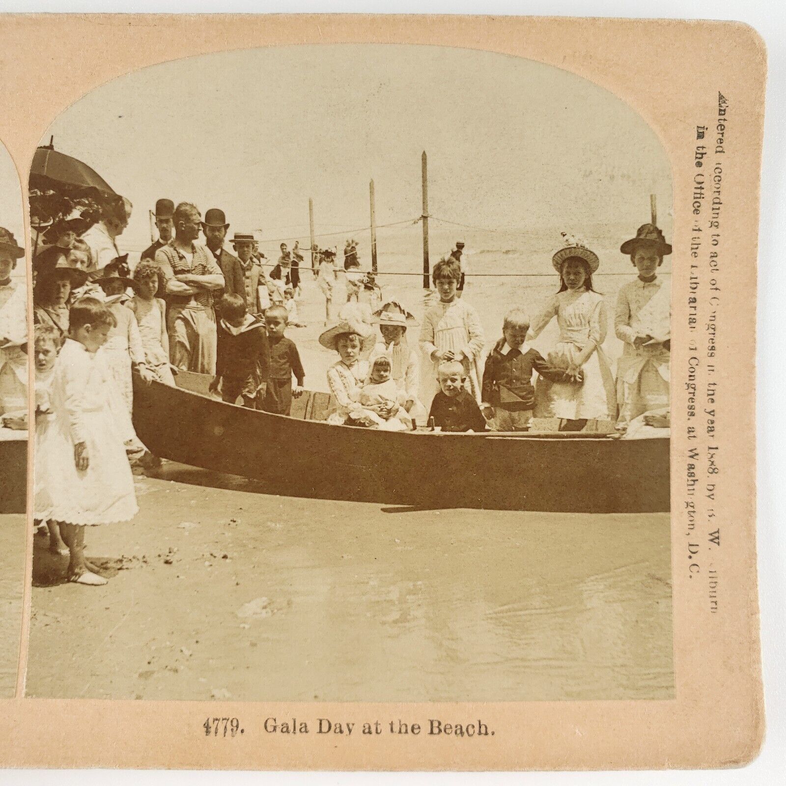 Gala Day Beach Celebration Stereoview c1888 New Hampshire Fundraiser Boat A2401