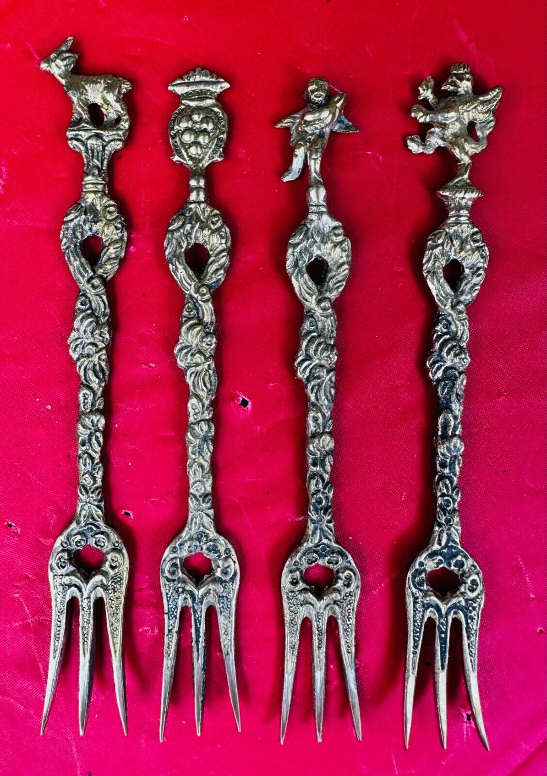 4 Antique Italy Olive Hors d' Oeuvre Forks Italy Goat Cherub Griffin