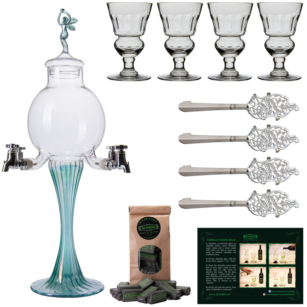 Absinthe Fountain Set Green Fairy | 4 Spouts | 4 Absinthe Glasses Spoons Sugar