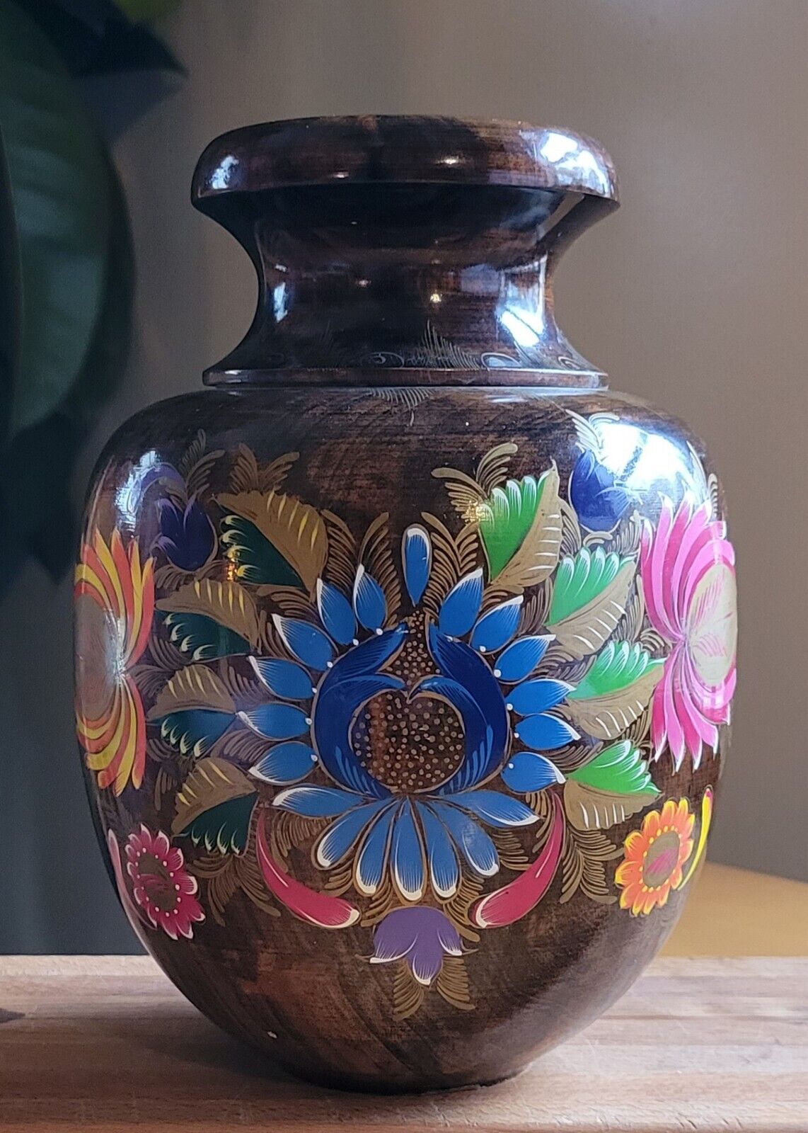 8 inch Vintage Wood Vase Artisan Folk Art Hand Painted 
