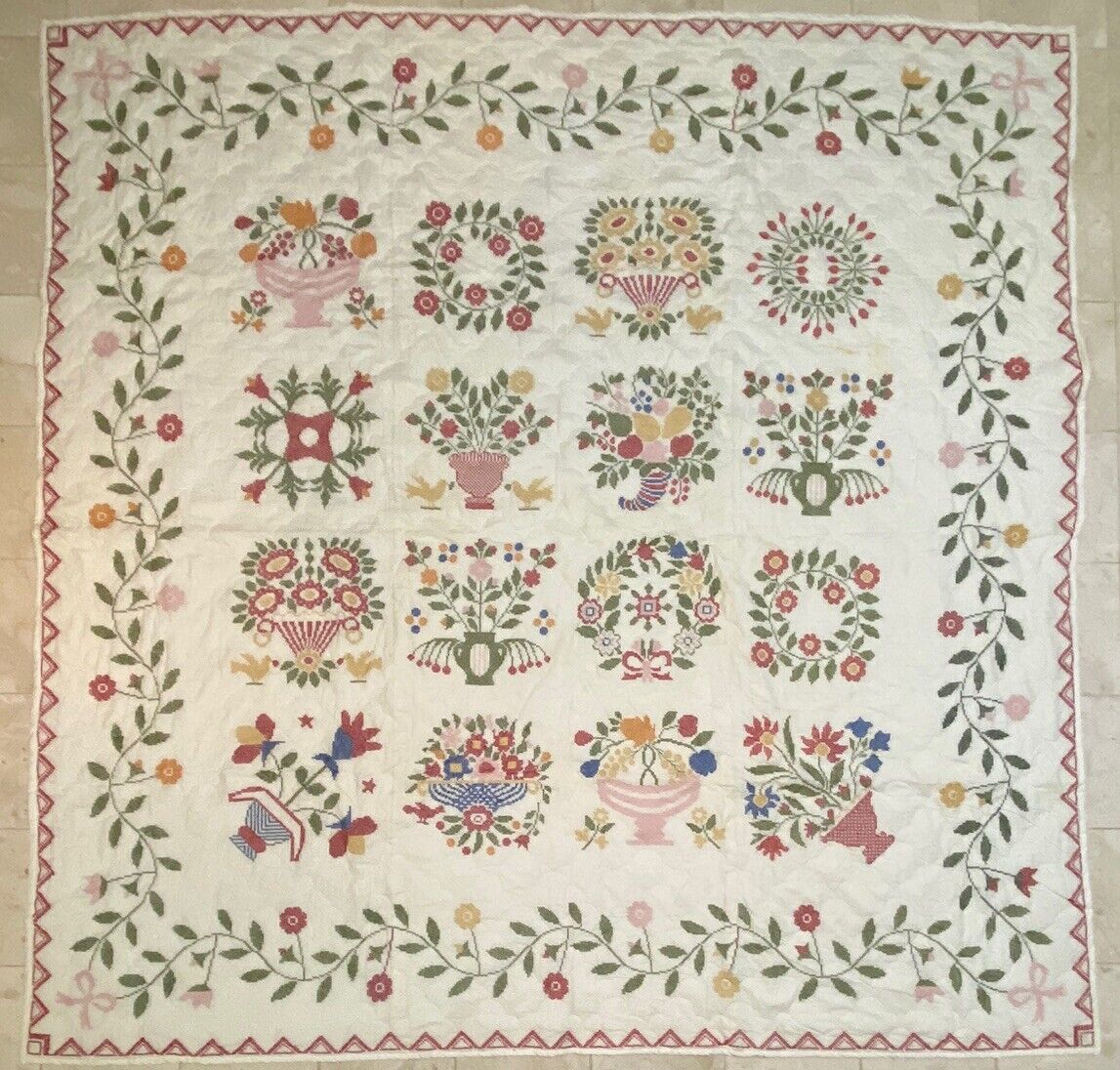 MAGNIFICENT 30\'s Floral Antique Quilt Hand Embroidered Accents LARGE 95” X 95”
