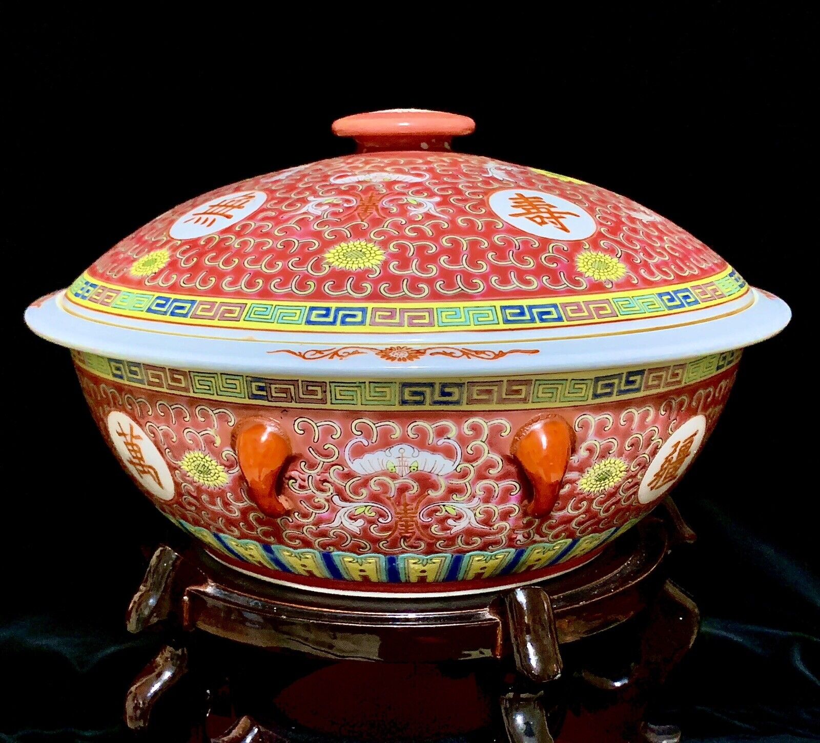 Jingdezhen Chinese Famille Rose Mun Shou Longevity Porcelain Soup Tureen Bowl XL