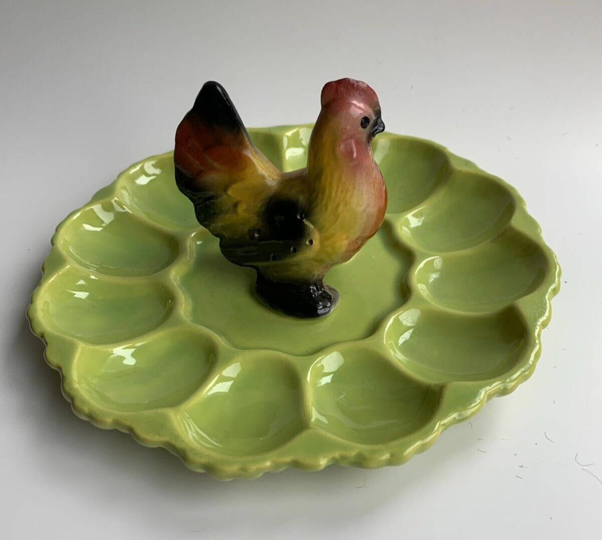 Vintage Bright Yellow/ Green Ceramic Rooster Deviled Egg Dish 9” Round, Easter