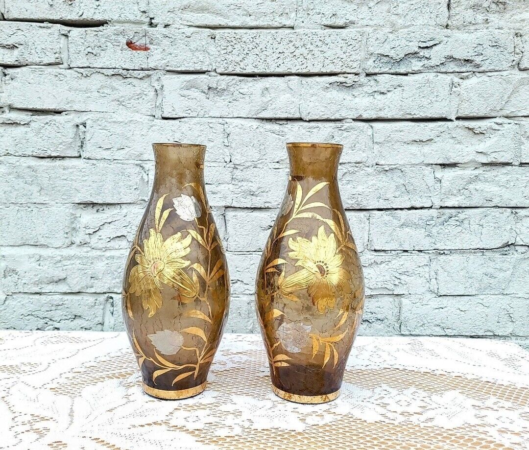 Pair Of Antique Vintage Crackle Glass Vases
