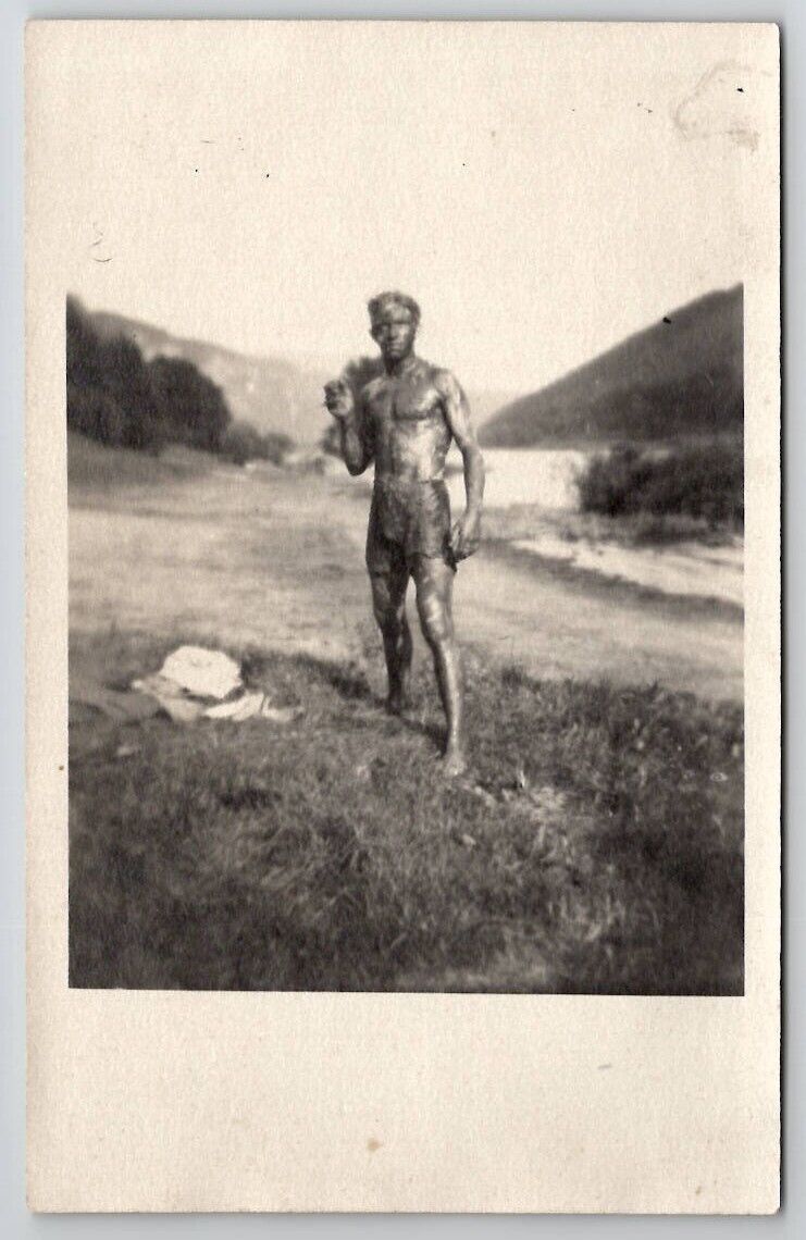 RPPC Living Statue Man As Bronze Tarzan c1920s Real Photo Postcard B34