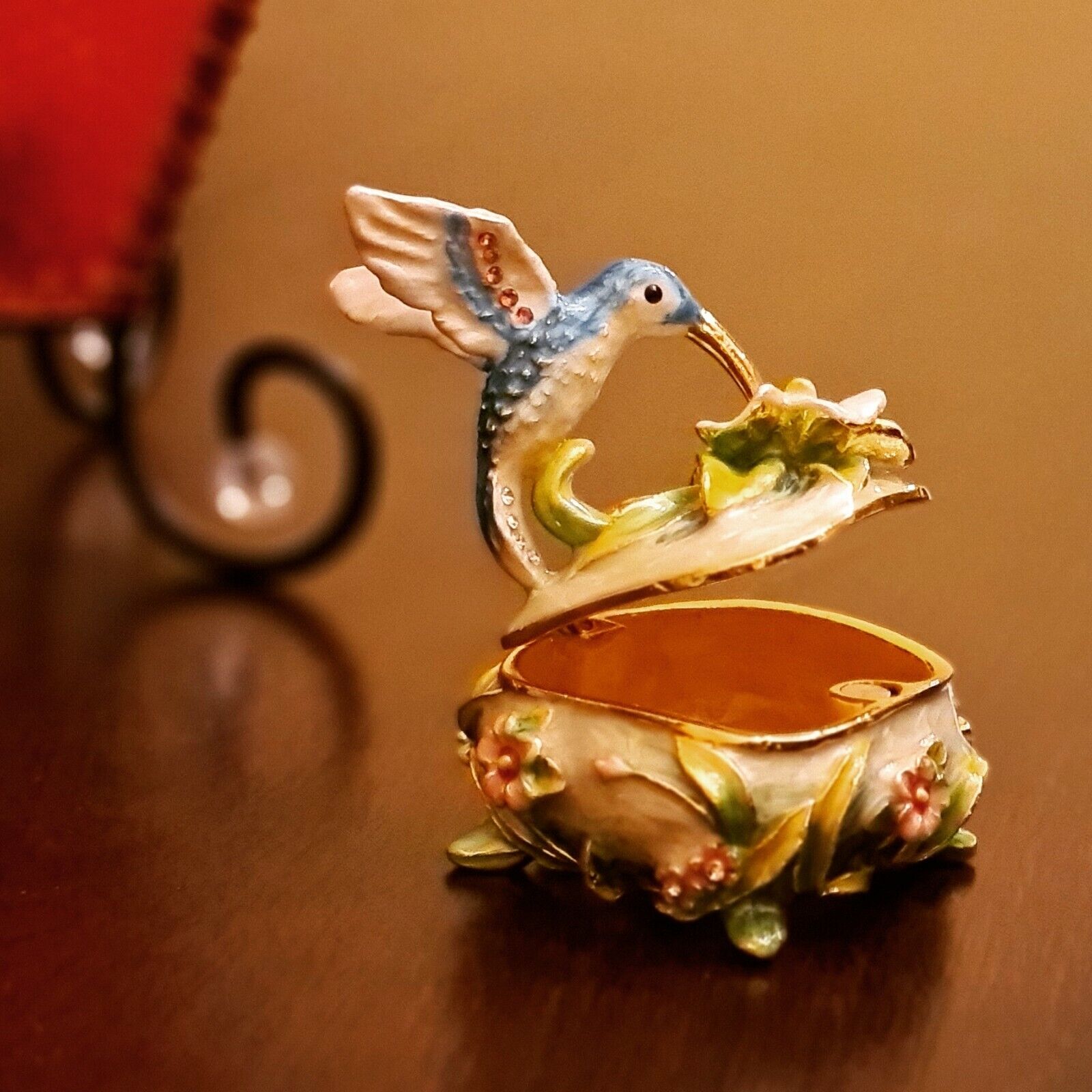 Blue Hummingbird atop Flower Trinket Box Ring Jewelry Storage Keepsake Bejeweled