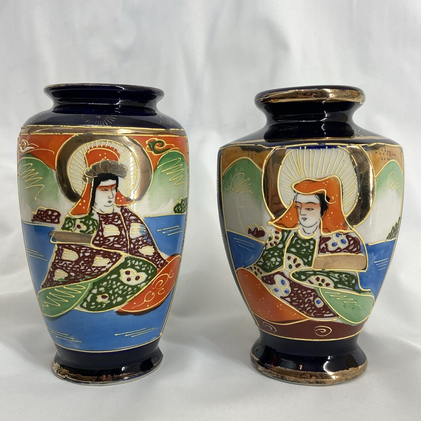 Lot of 2 Vintage Japanese Satsuma Style Hand Painted Pottery Vases