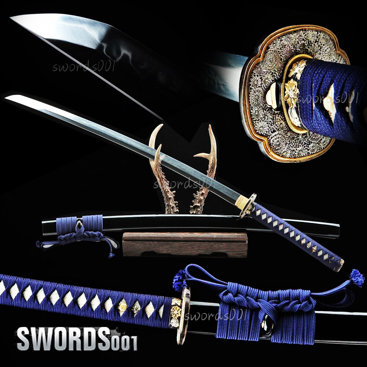dark blue ito sageo clay tempered Japanese Samurai Katana Sword T10 carbon steel