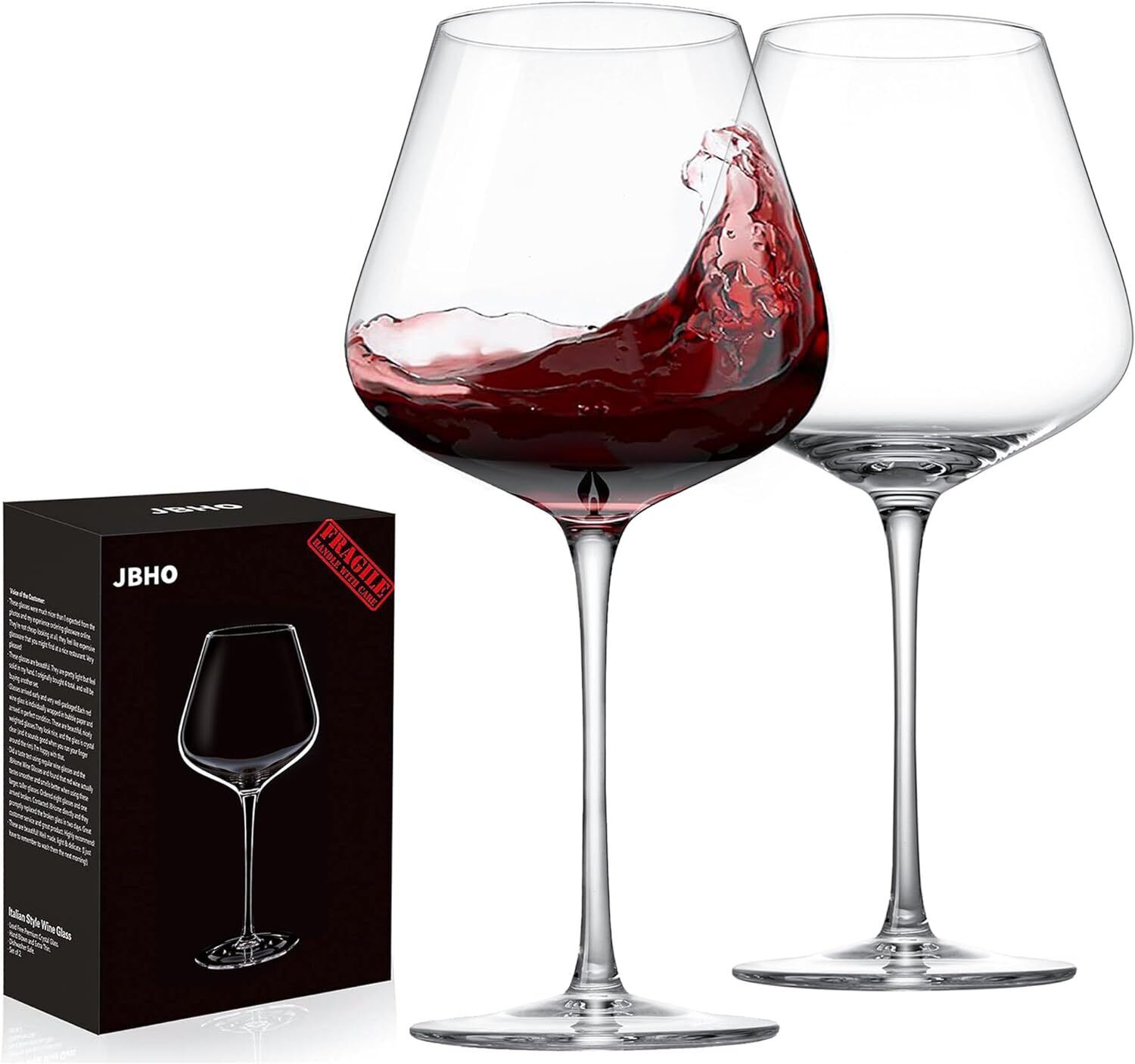 JBHO Hand Blown Italian Style Crystal Burgundy 2 Count (Pack of 1), Clear 