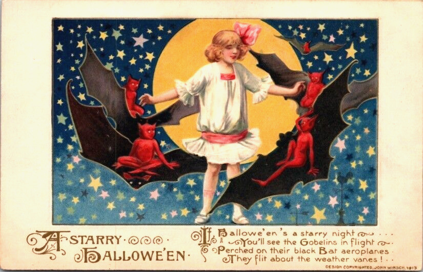 Antique Halloween Postcard Winsch A Starry Halloween Girl Gobelins Bat Aeroplane