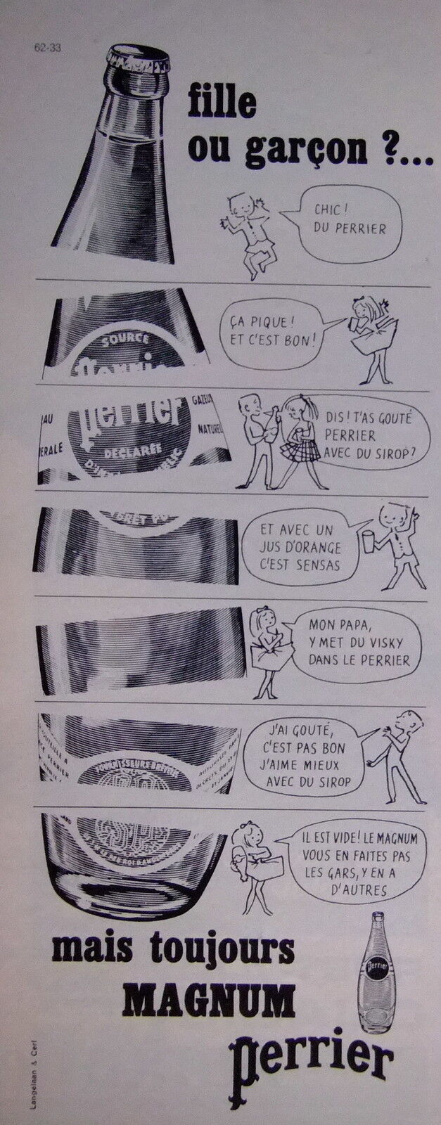 1961 PERRIER MAGNUM GIRL OR BOY PRESS ADVERTISEMENT - COMIC
