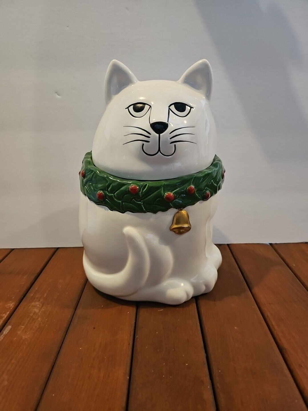 Vintage White Cat with Green Collar and Bell Ceramic Cookie Jar - Made In Japan
