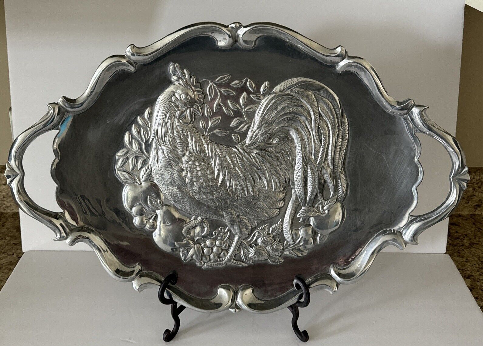 LENOX PEWTER ROOSTER SERVING PLATTER TRAY w HANDLES 23'' LONG RETIRED BEAUTIFUL