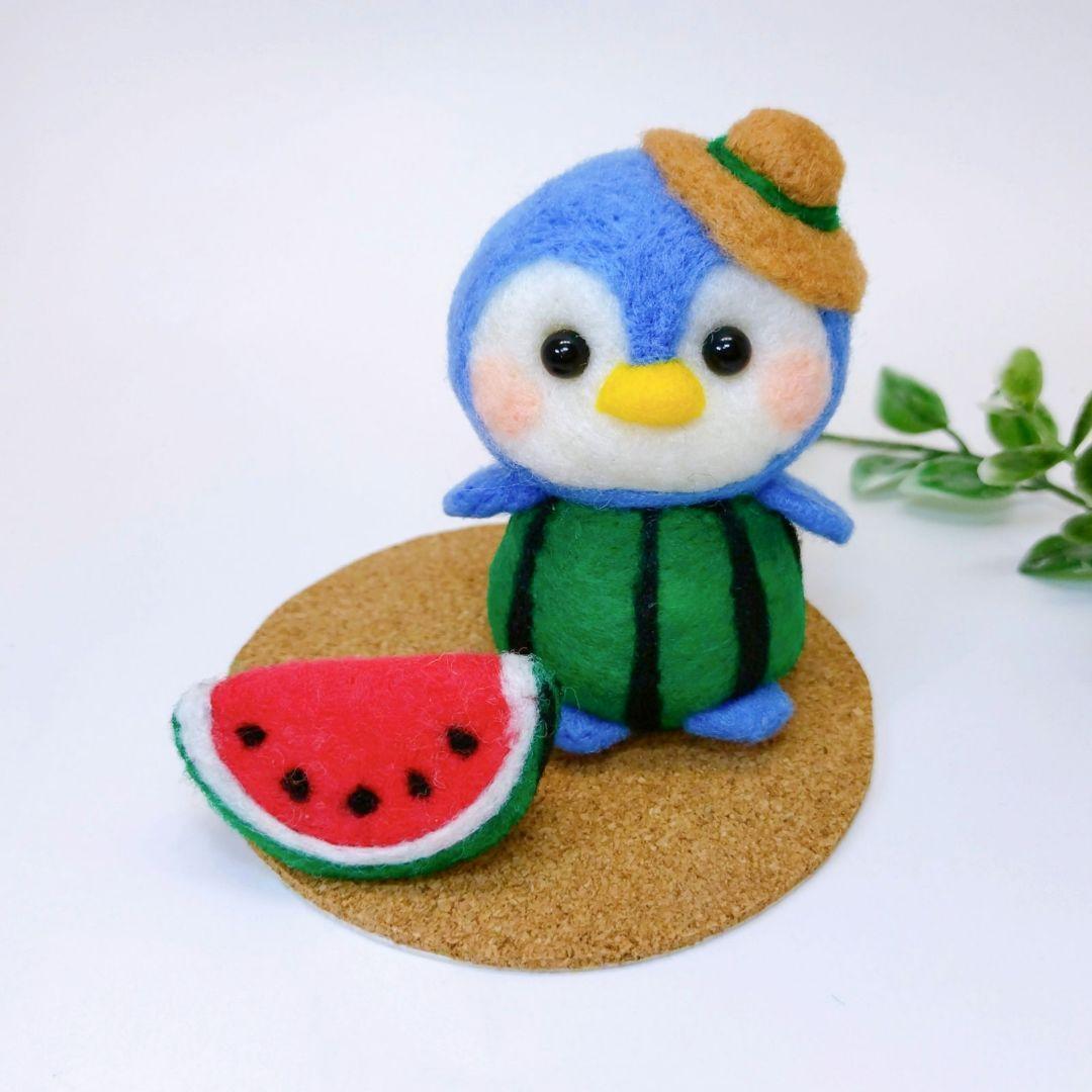 Watermelon Penguin Blue Wool Felt Summer Decoration Figurine Interior