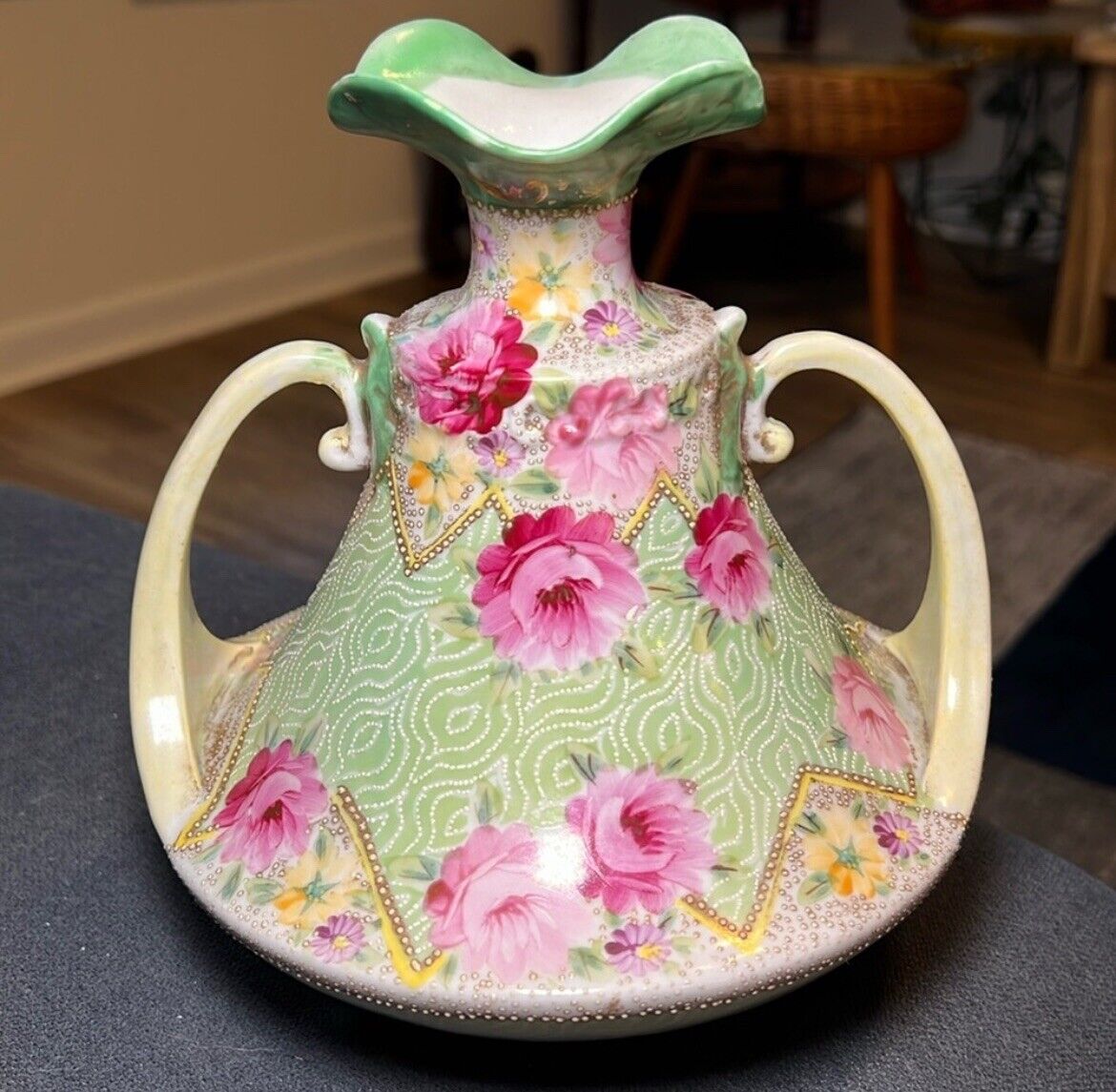 Antique HAND PAINTED VICTORIAN Porcelain Footed Vase MORIAGE Enamel Bridgerton