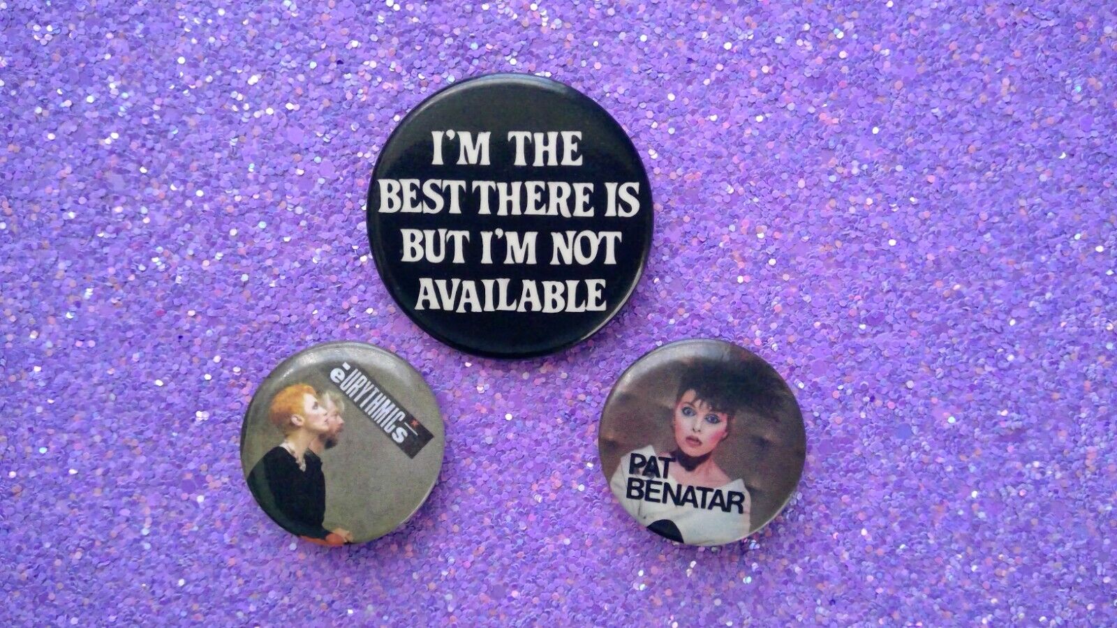 80s Music Pat Benatar Eurythmics Funny Pinback Buttons Lot of 3 Collectible Rock