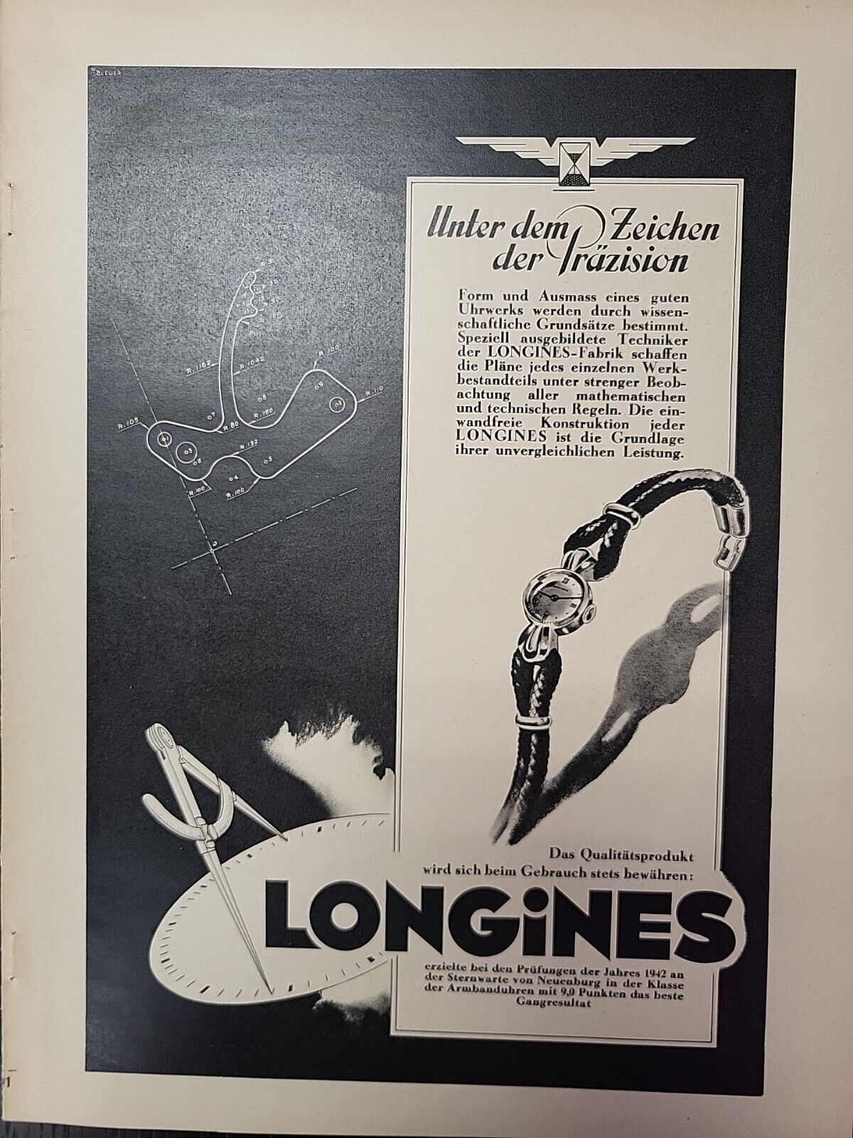 Longines Swiss Watches 1943 Print Advertising Du World War 2 Luxury German WW2