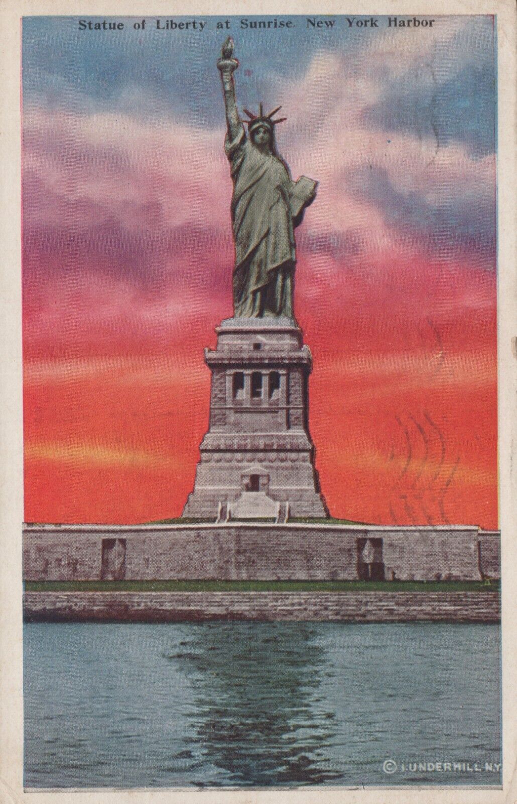 Statue of Liberty at Sunrise New York Harbor NY White Border Vintage Post Card