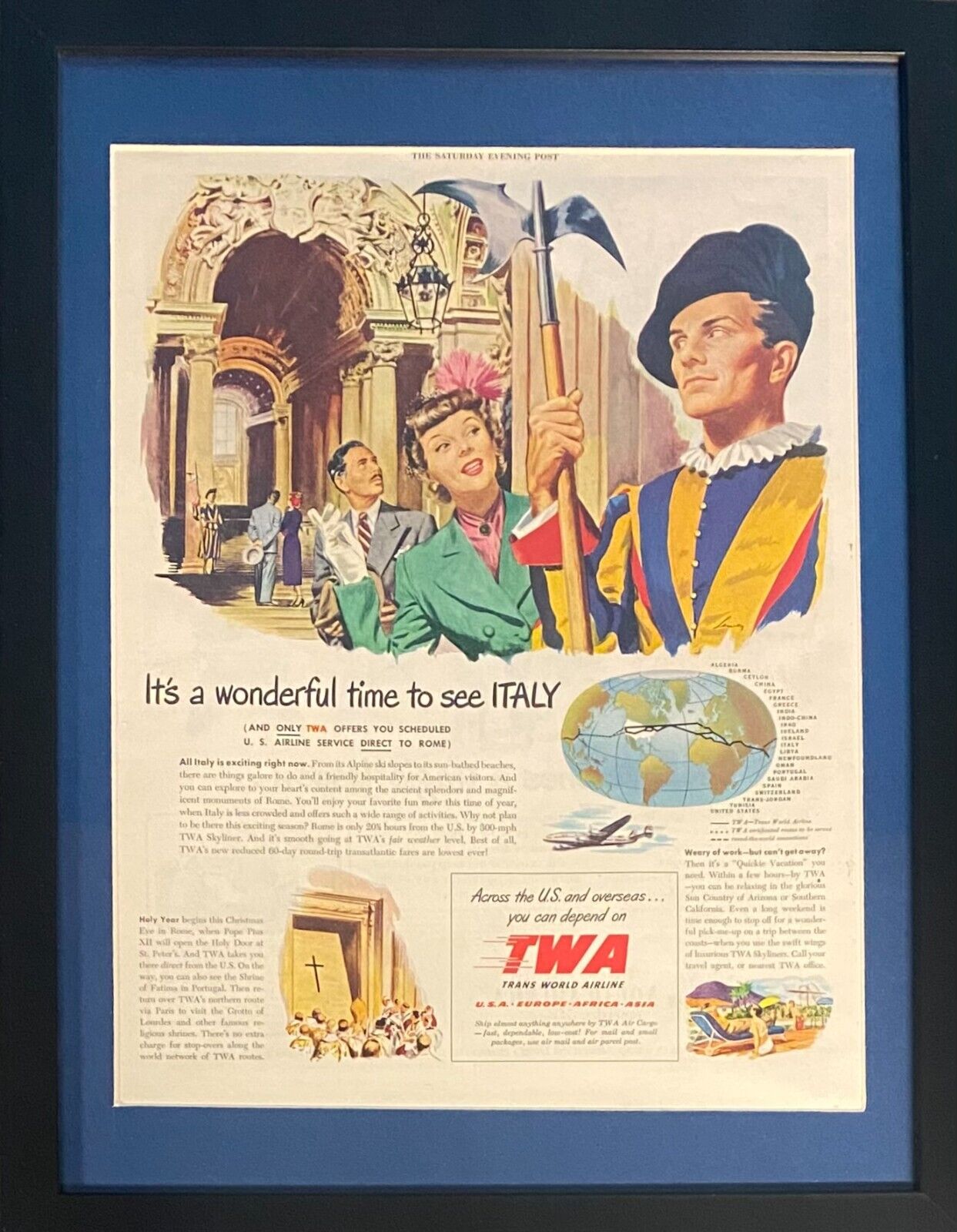 Vintage 1949 TWA Visiting Italy Saturday Evening Post Framed Magazine Ad 16x12