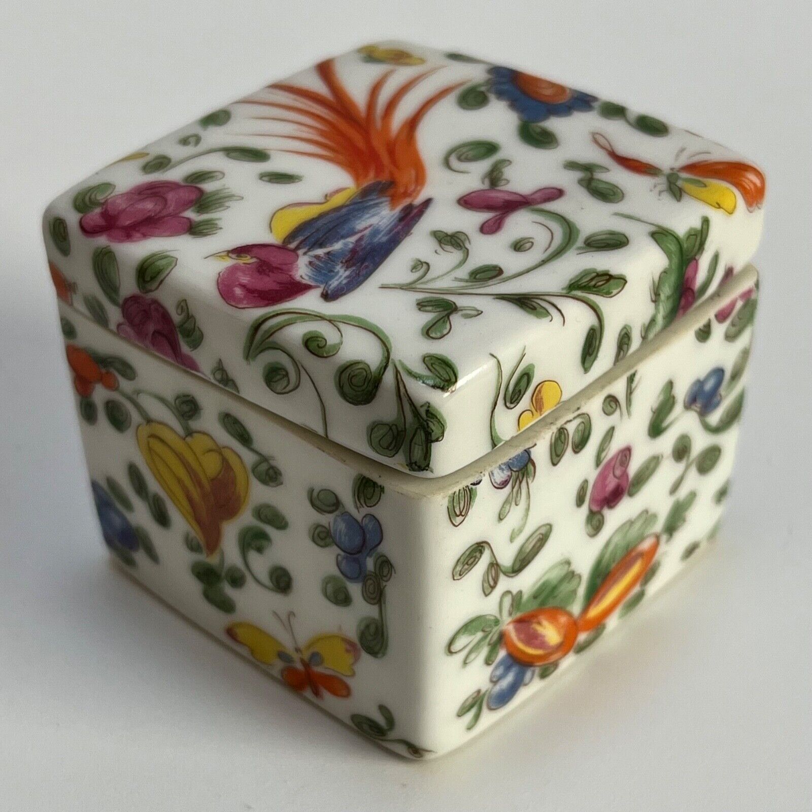 Vintage LIMOGES Chamart Sq. Ceramic Trinket Box Bird Floral Colorful 2\