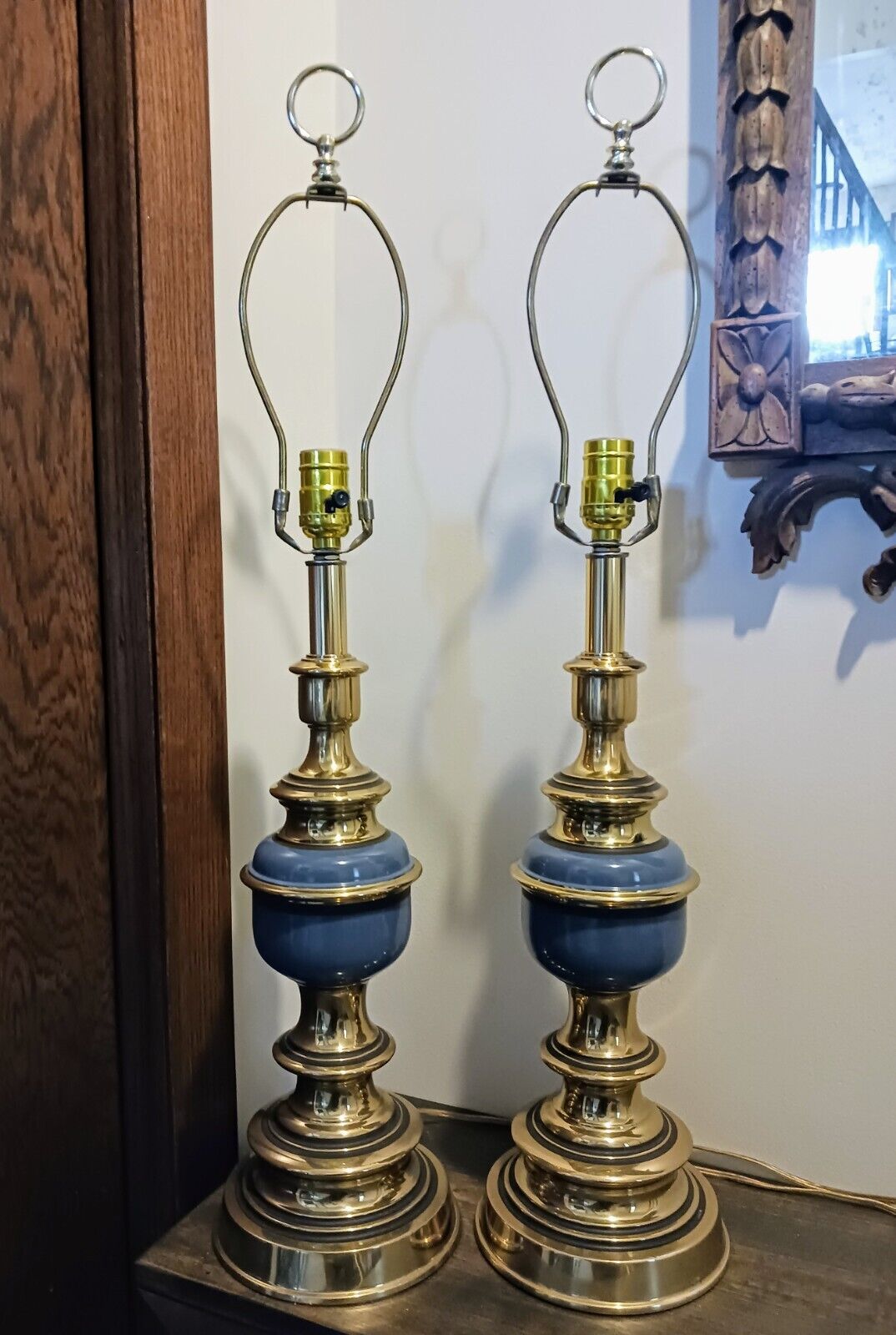Pair of Vintage MCM Hollywood Regency Table Lamps, Blue Enamel & Brass. 