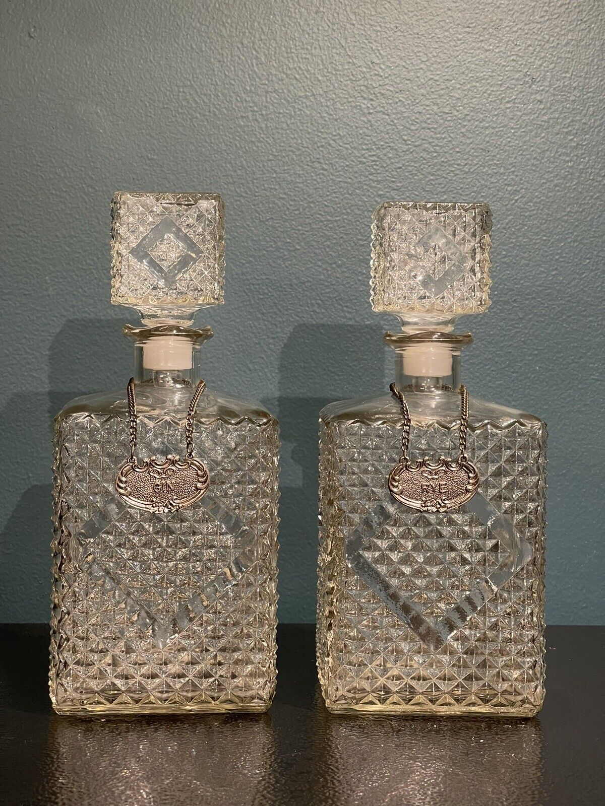 Vintage  Set Of 2 Crystal Cut Decanters  Labels ( Gin And Rye) l 4  H 9.5  W 3.5