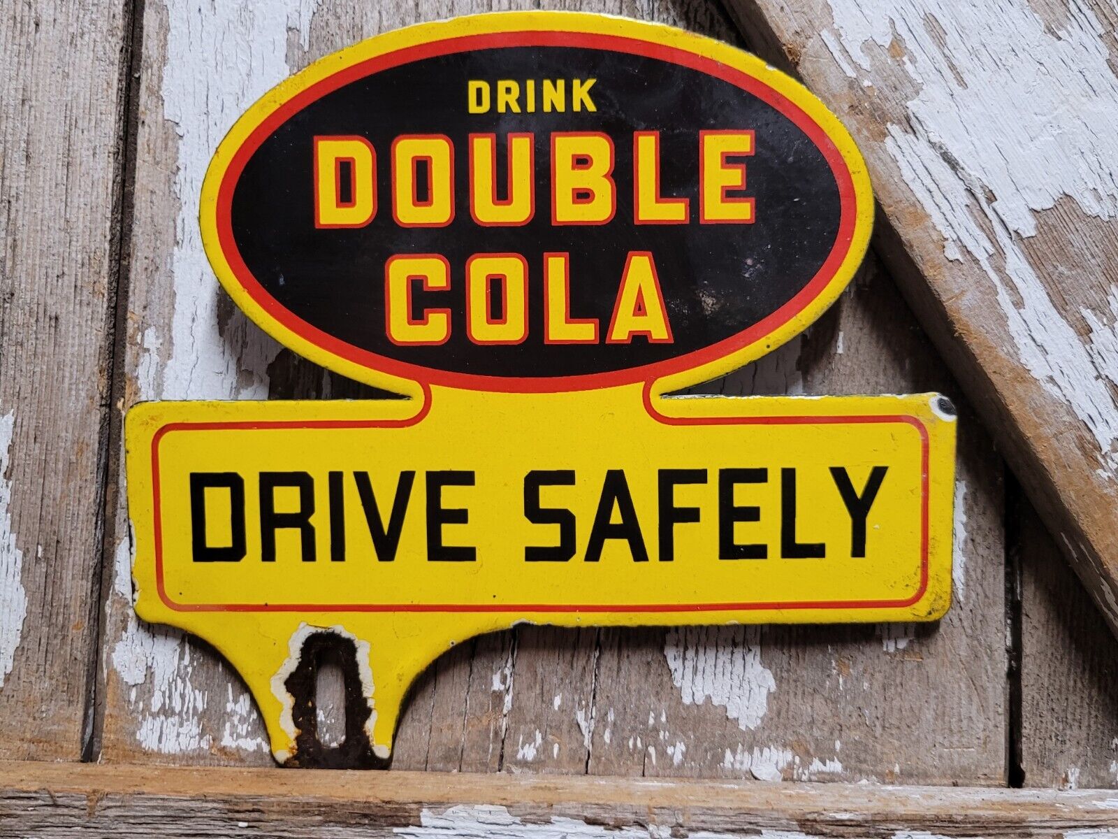 VINTAGE DOUBLE COLA PORCELAIN SIGN DRIVE SAFELY TOPPER SODA POP BEVERAGE DRINK