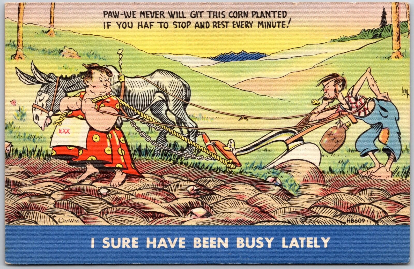 Lazy Man Plowinf Tge Field Got Pulled By Woman And Horse Comic Card Postcard