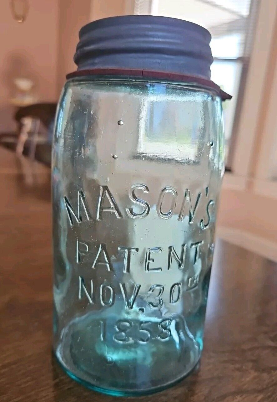 Mason's Jar Early Antique Aqua Blue Patent Nov 30th 1858 with Zinc Lid