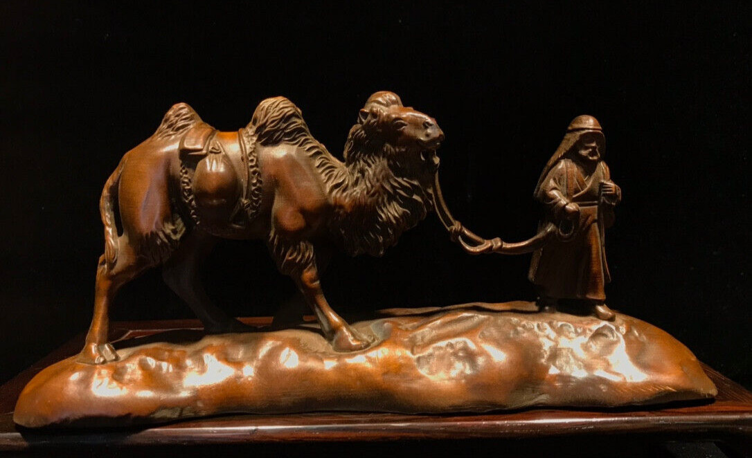 19cm Natural boxwood wood carved Arabs lead bactrian camel Exquisite statue 一带一路