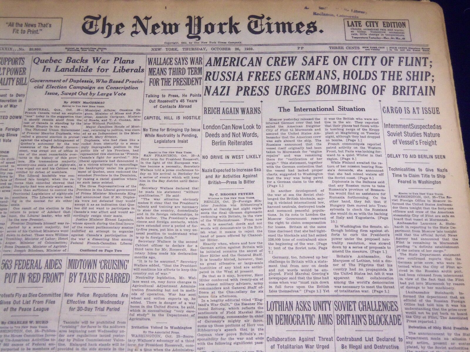 1939 OCTOBER 26 NEW YORK TIMES - BOMBING OF BRITAIN URGED - NT 3691