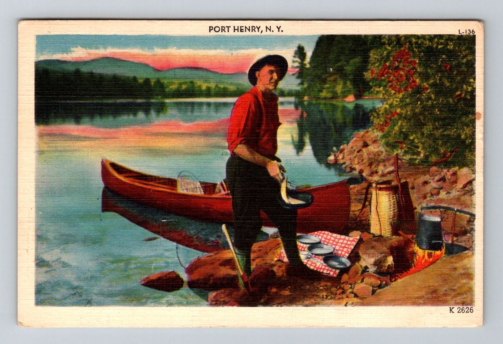 Port Henry NY-New York, Man Fishing along River, c1953 Vintage Souvenir Postcard