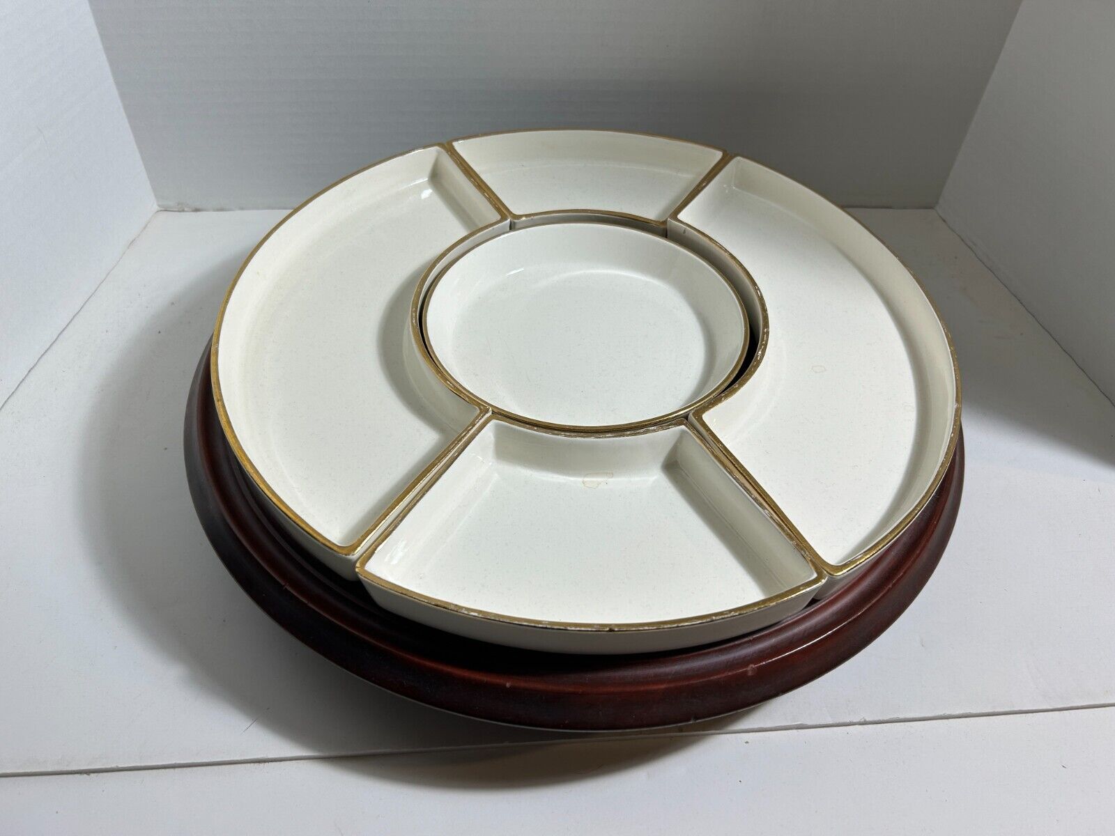 German, vintage Lazy Susan, wood rotating stand, 5 Porcelain Dishes  1930s-40s