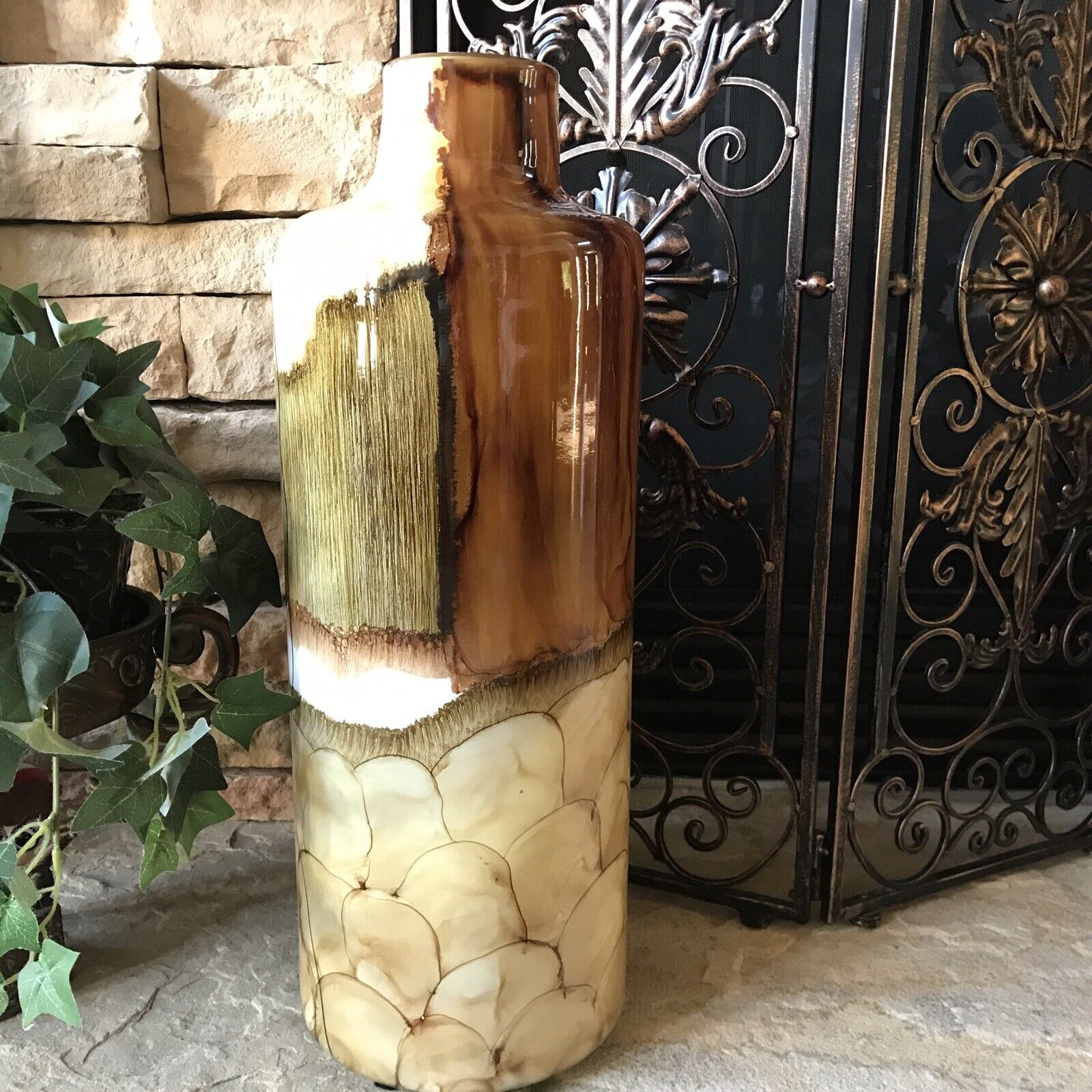 Vintage Glass Vase Heavy Large Hand Blown Brown Mexican Abstract Hand Painted