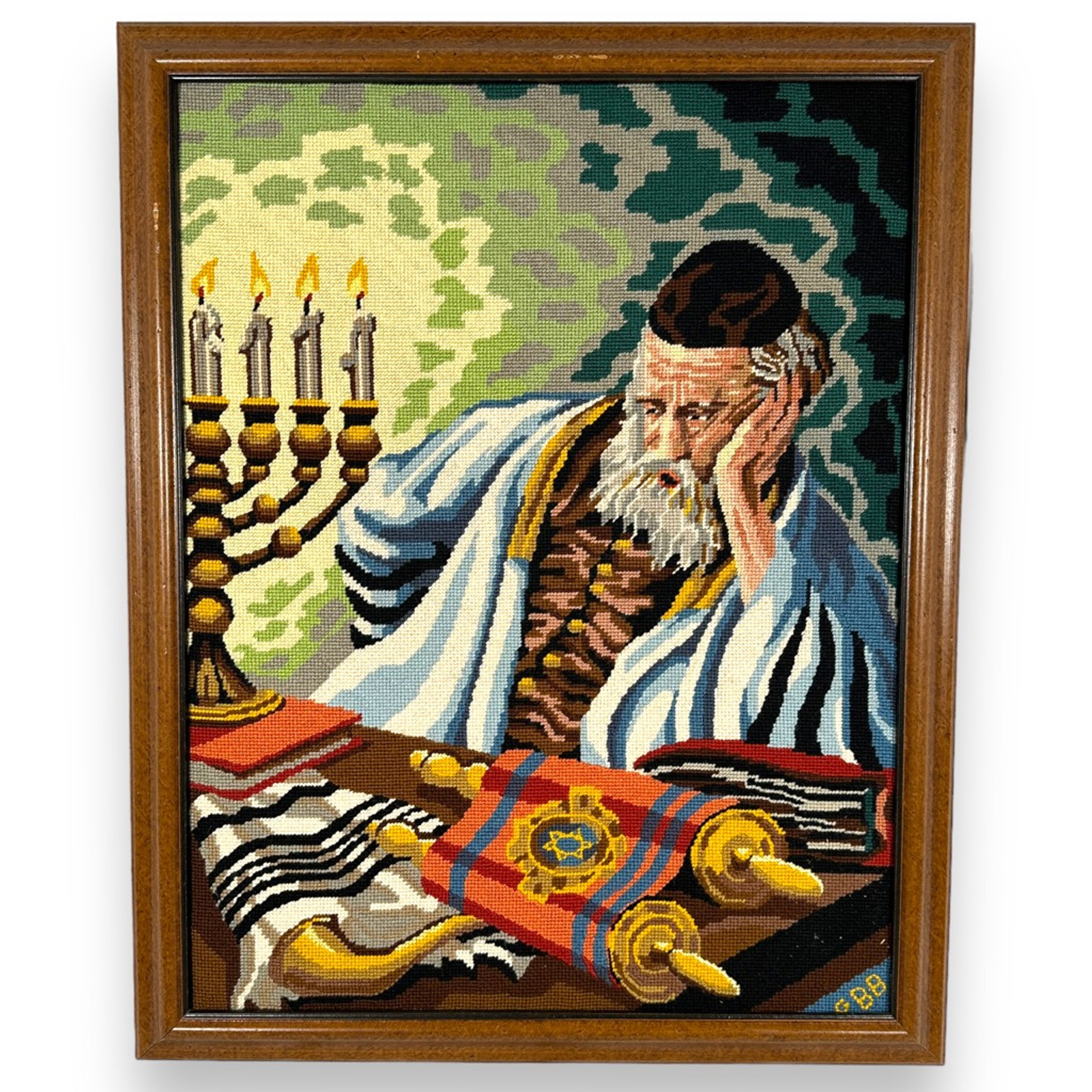 Vintage Rabbi Needlepoint Torah Menorah Meditation Jewish Framed Art 23” x 28.5
